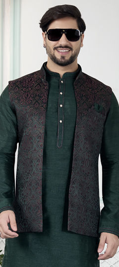 Green color Nehru Jacket in Jacquard fabric with Weaving work