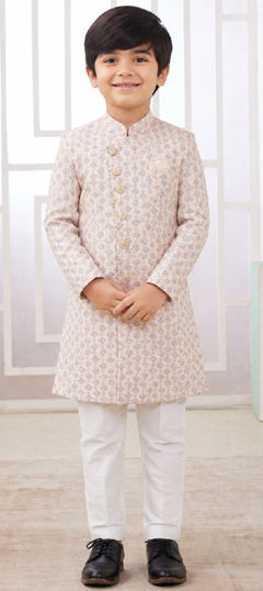 Blue, White and Off White color Boys Indo-Western in Jacquard fabric with Embroidered, Weaving work