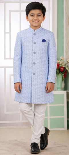 Blue color Boys Indo-Western in Jacquard fabric with Embroidered, Weaving work