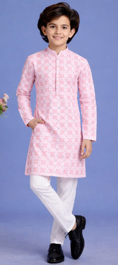 Pink and Majenta color Boys Kurta Pyjama in Cotton fabric with Embroidered work