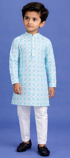 Blue color Boys Kurta Pyjama in Cotton fabric with Embroidered work