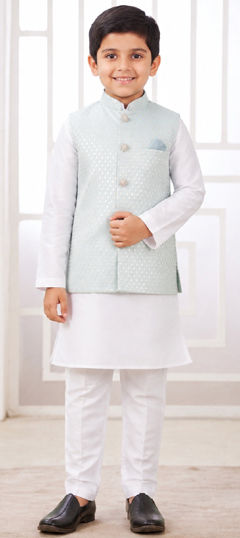 Green color Boys Kurta Pyjama with Jacket in Art Silk fabric with Thread work