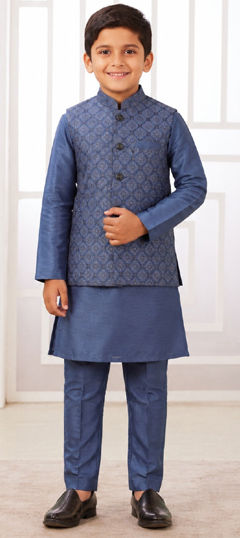 Black and Grey color Boys Kurta Pyjama with Jacket in Art Silk fabric with Thread work