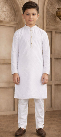White and Off White color Boys Kurta Pyjama in Art Silk, Brocade fabric with Weaving work