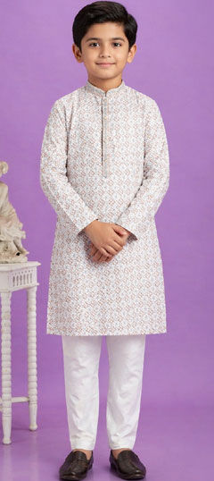 Beige and Brown color Boys Kurta Pyjama in Cotton fabric with Digital Print work