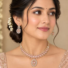 Gold Rodium Polish Pink and Majenta color Necklace in Metal Alloy studded with Austrian diamond