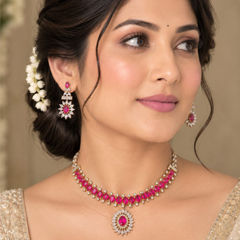 Gold Rodium Polish Pink and Majenta color Necklace in Metal Alloy studded with Austrian diamond