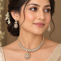 Gold Rodium Polish White and Off White color Necklace in Metal Alloy studded with Austrian diamond