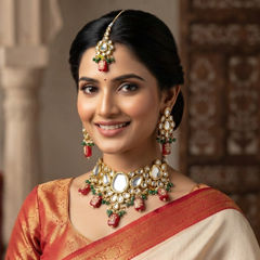 Gold Rodium Polish Green, Red and Maroon color Necklace in Metal Alloy studded with Kundan, Pearl