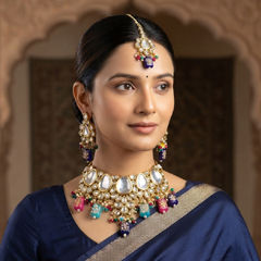 Gold Rodium Polish Multicolor color Necklace in Metal Alloy studded with Kundan, Pearl