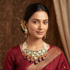 Gold Rodium Polish Multicolor color Necklace in Metal Alloy studded with Kundan, Pearl