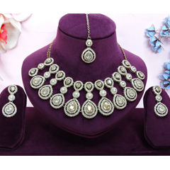 Gold Rodium Polish White and Off White color Necklace in Metal Alloy studded with CZ Diamond, Pearl