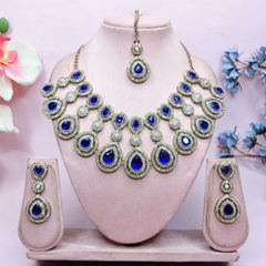 Gold Rodium Polish Blue color Necklace in Metal Alloy studded with CZ Diamond, Pearl