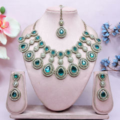 Gold Rodium Polish Green color Necklace in Metal Alloy studded with CZ Diamond, Pearl