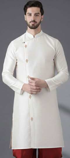 White and Off White color Kurta in Dupion Silk fabric with Embroidered work