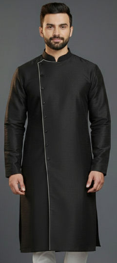 Black and Grey color Kurta Pyjamas in Dupion Silk fabric with Embroidered work