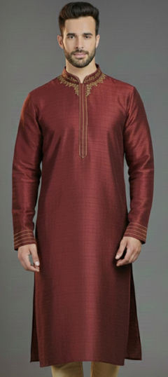 Red and Maroon color Kurta Pyjamas in Dupion Silk fabric with Embroidered work