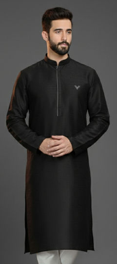 Black and Grey color Kurta in Dupion Silk fabric with Embroidered work