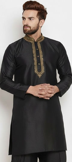Black and Grey color Kurta Pyjamas in Dupion Silk fabric with Embroidered work
