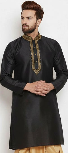 Black and Grey color Kurta Pyjamas in Dupion Silk fabric with Embroidered work