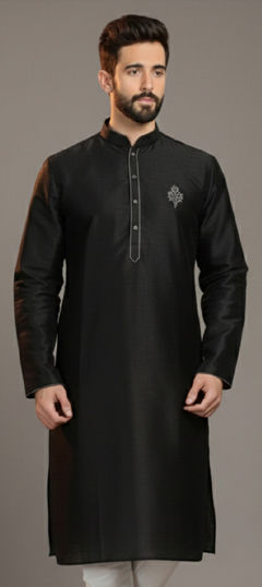 Black and Grey color Kurta in Dupion Silk fabric with Embroidered work