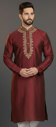 Red and Maroon color Kurta in Dupion Silk fabric with Embroidered work