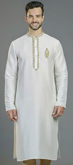 White and Off White color Kurta in Dupion Silk fabric with Embroidered work