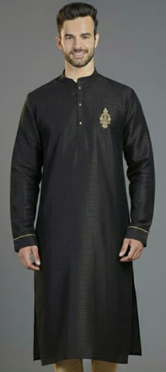 Black and Grey color Kurta in Dupion Silk fabric with Embroidered work