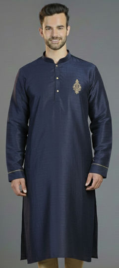 Blue color Kurta in Dupion Silk fabric with Embroidered work