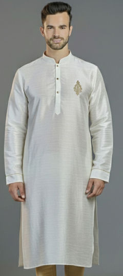 White and Off White color Kurta in Dupion Silk fabric with Embroidered work