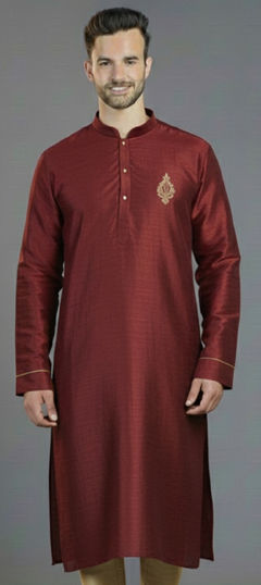 Red and Maroon color Kurta in Dupion Silk fabric with Embroidered work