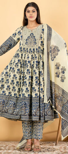 Blue, White and Off White color Salwar Kameez in Cotton fabric with Bugle Beads, Floral, Printed, Sequence work