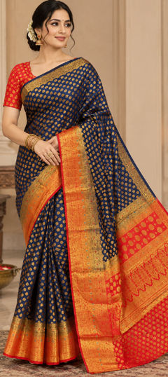 Blue color Saree in Kanjeevaram Silk fabric with Embroidered, Zari work