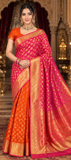 Orange color Saree in Kanjeevaram Silk fabric with Embroidered, Zari work