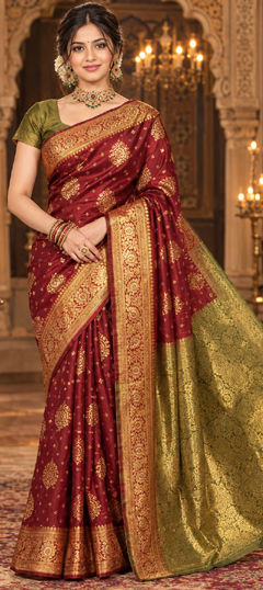 Red and Maroon color Saree in Kanjeevaram Silk fabric with Embroidered, Zari work