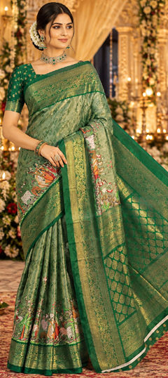 Blue color Saree in Patola Silk fabric with Embroidered, Zari work