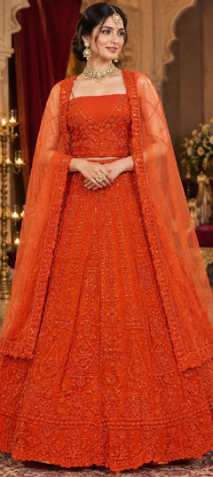Orange color Lehenga in Net fabric with Embroidered, Sequence work