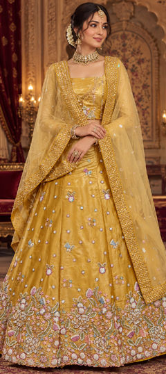 Gold color Lehenga in Tissue fabric with Embroidered, Sequence work