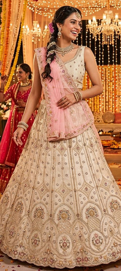 White and Off White color Lehenga in Tissue fabric with Embroidered, Sequence work