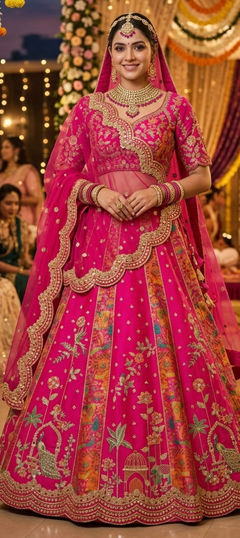 Pink and Majenta color Lehenga in Silk fabric with Embroidered, Sequence, Zari work
