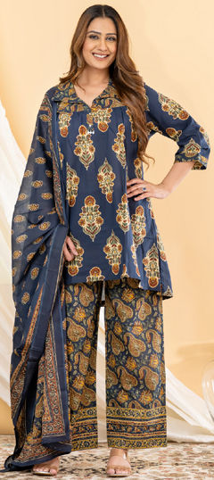 Blue color Salwar Kameez in Cotton fabric with Floral, Printed, Zari work