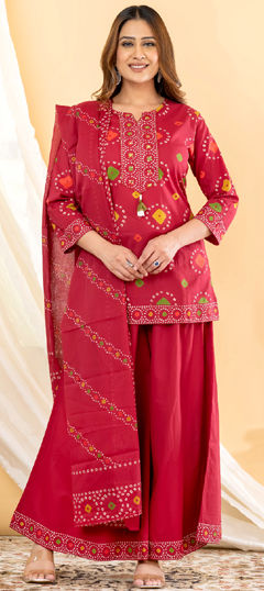 Pink and Majenta color Salwar Kameez in Cotton fabric with Bandhej, Floral, Printed, Sequence work