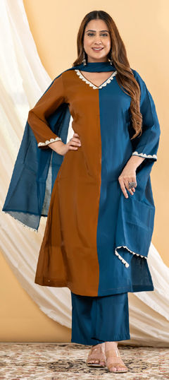 Beige and Brown, Blue color Salwar Kameez in Mul Chanderi fabric with Lace work