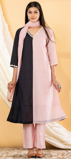 Black and Grey, Pink and Majenta color Salwar Kameez in Mul Chanderi fabric with Lace work