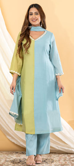 Blue, Green color Salwar Kameez in Mul Chanderi fabric with Lace work