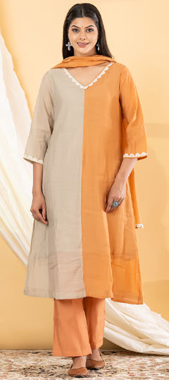 Beige and Brown color Salwar Kameez in Mul Chanderi fabric with Lace work