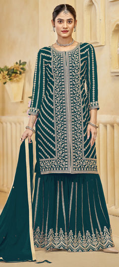 Blue color Salwar Kameez in Georgette fabric with Embroidered, Sequence work