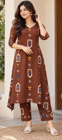 Beige and Brown color Salwar Kameez in Rayon fabric with Digital Print work
