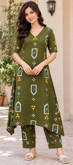 Green color Salwar Kameez in Rayon fabric with Digital Print work