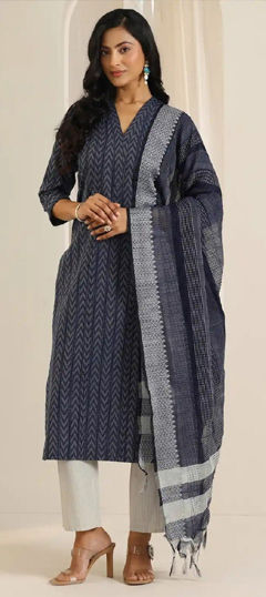 Blue color Salwar Kameez in Cotton fabric with Weaving work
